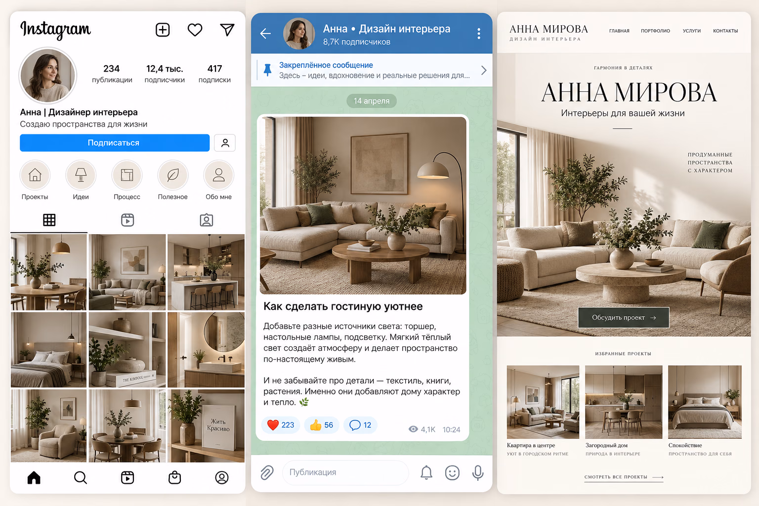 Оформление Instagram, Telegram-канала и личного сайта дизайнера интерьера