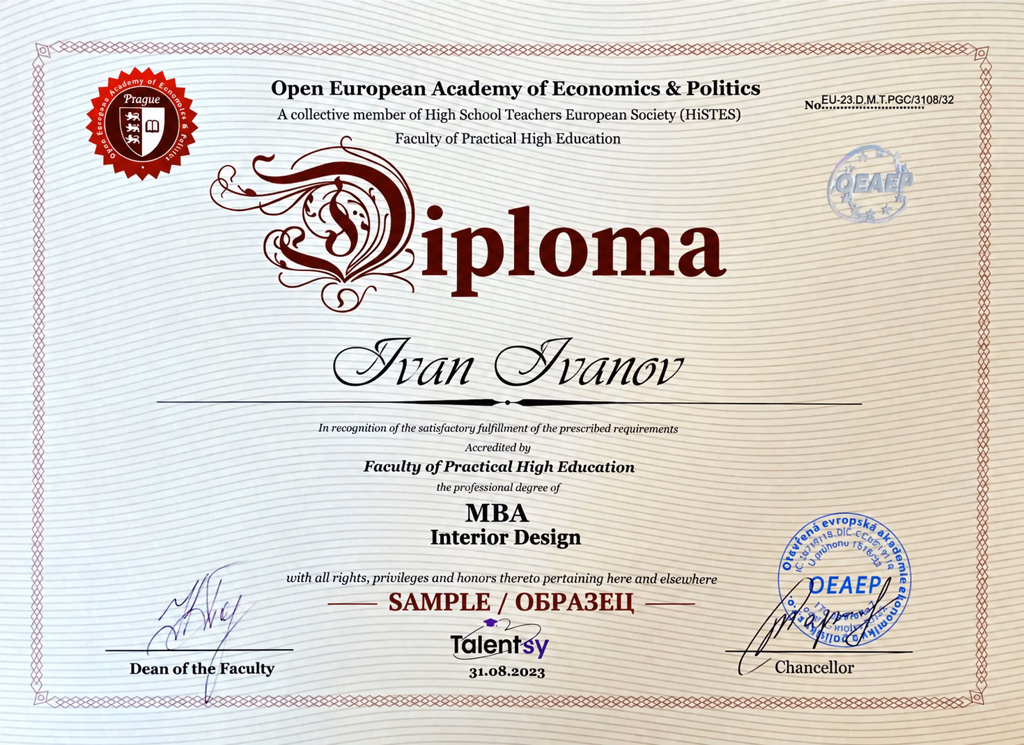 Образец диплома MBA Open European Academy по направлению Interior Design